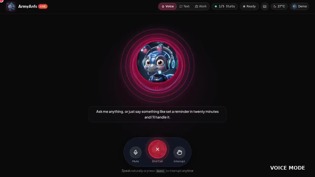 ArmyAnts voice mode — live session with the animated assistant